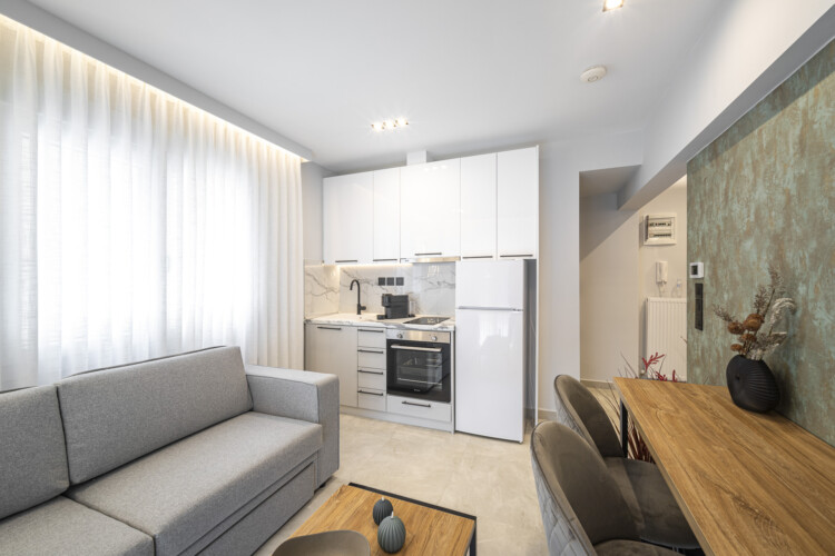 Modern one-bedroom apartment with stylish living room, fully equipped kitchen, private balcony, and contemporary design for a comfortable stay in Thessaloniki.