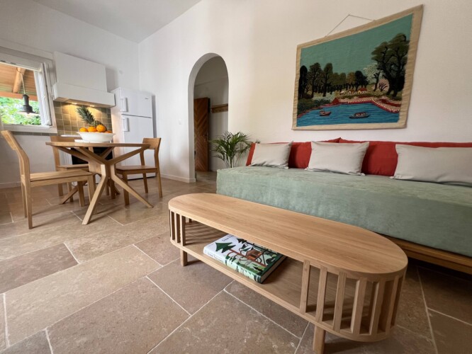 Cozy holiday home with modern kitchen, comfortable living room, bright bedroom, and private garden, ideal for a relaxing stay in Skiathos