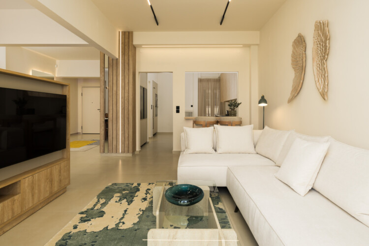 Ivory premium two-bedroom apartment on Leoforos Nikis in Thessaloniki with elegant design, sea views, and modern amenities for a luxurious stay.