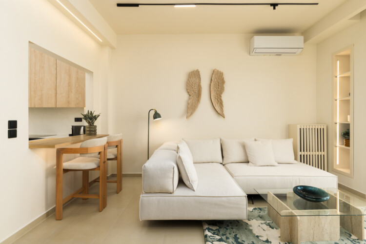 Ivory premium two-bedroom apartment on Leoforos Nikis in Thessaloniki with elegant design, sea views, and modern amenities for a luxurious stay.