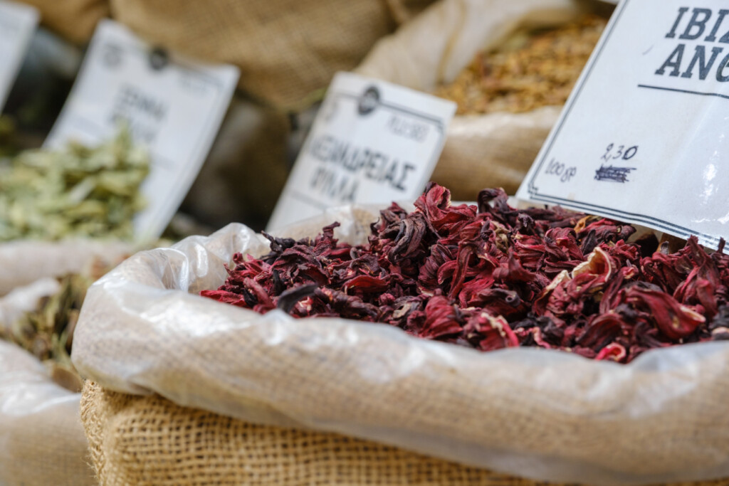Dried hibiscus flowers for sale at a traditional market in Thessaloniki
