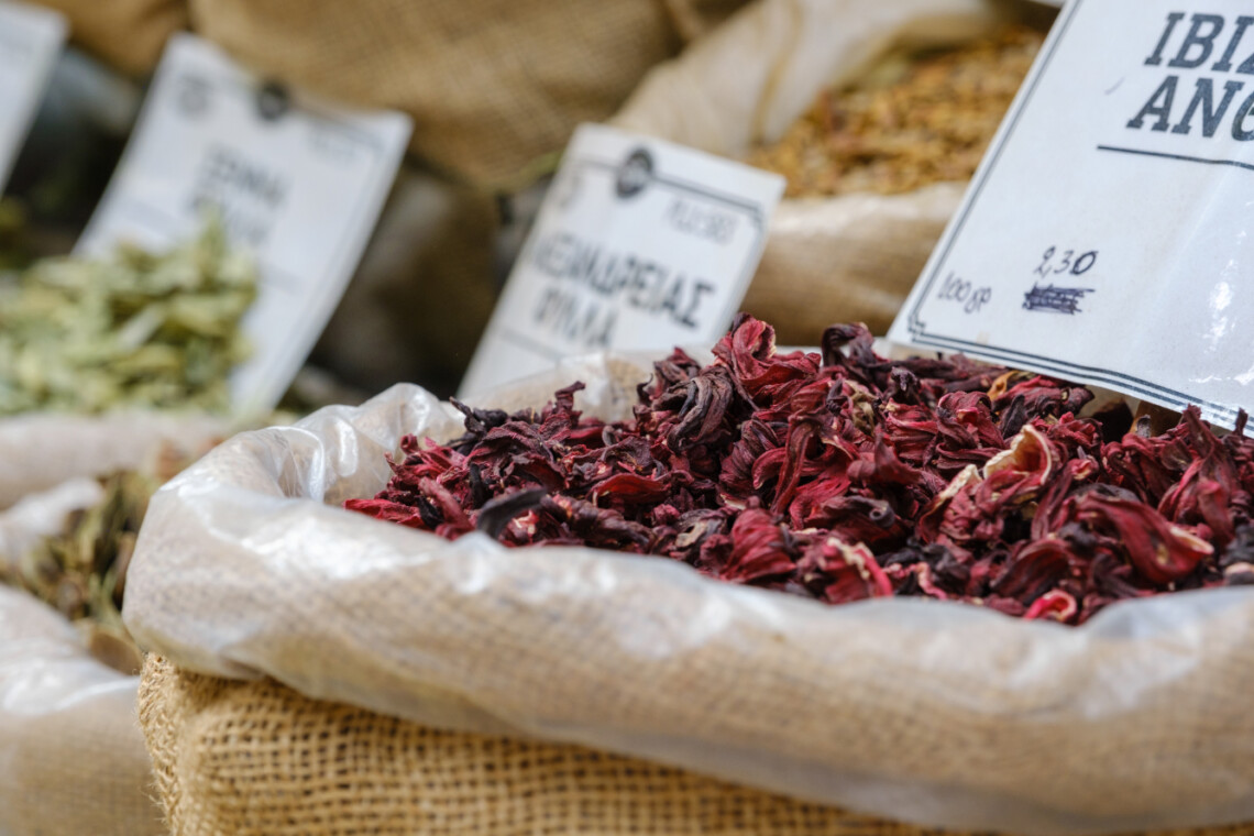 Dried hibiscus flowers for sale at a traditional market in Thessaloniki