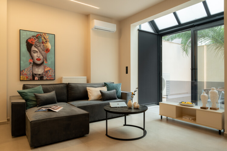 Dry Martini two-bedroom apartment in the city center with premium amenities, two bathrooms, stylish living room, and private balcony for a comfortable stay in Thessaloniki.