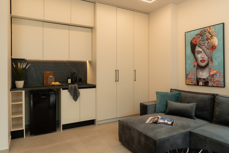 Dry Martini two-bedroom apartment in the city center with premium amenities, two bathrooms, stylish living room, and private balcony for a comfortable stay in Thessaloniki.