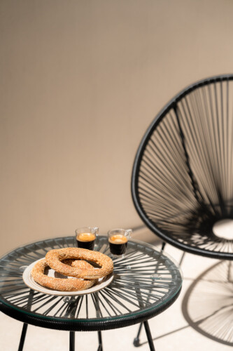 Dry Martini two-bedroom apartment in the city center with premium amenities, two bathrooms, stylish living room, and private balcony for a comfortable stay in Thessaloniki.