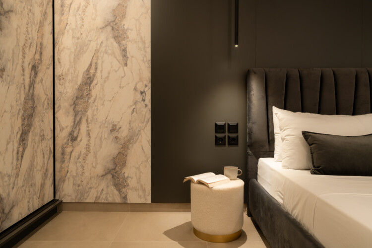 Dry Martini two-bedroom apartment in the city center with premium amenities, two bathrooms, stylish living room, and private balcony for a comfortable stay in Thessaloniki.