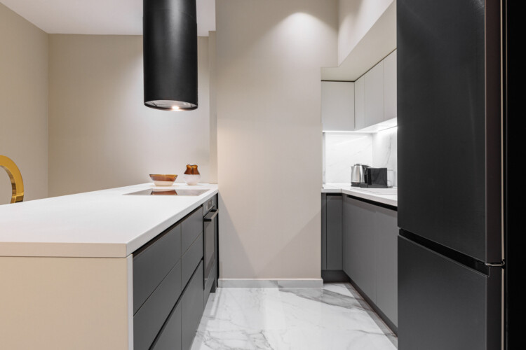 Dry Martini two-bedroom apartment in the city center with premium amenities, two bathrooms, stylish living room, and private balcony for a comfortable stay in Thessaloniki.