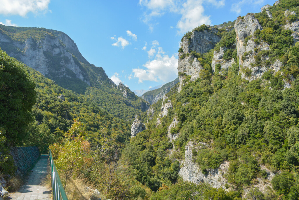 Hiking path along Enipeas Gorge in Litochoro with steep rocky cliffs and dense green forest under a bright blue sky.