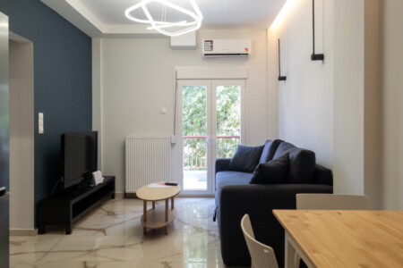 Myrto one-bedroom apartment near Thessaloniki center with modern living space, balcony, and easy metro access for a convenient city stay