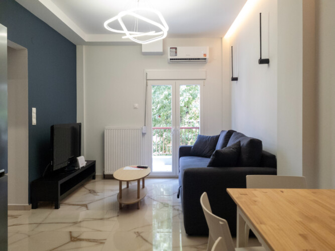 Myrto one-bedroom apartment near Thessaloniki center with modern living space, balcony, and easy metro access for a convenient city stay