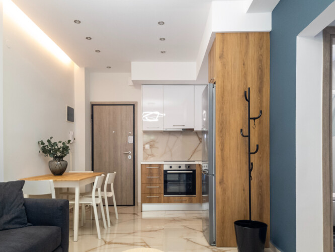 Myrto one-bedroom apartment near Thessaloniki center with modern living space, balcony, and easy metro access for a convenient city stay
