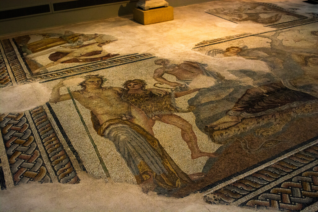 Ancient floor mosaic with mythological figures from a Roman house in Thessaloniki, displayed at the Archaeological Museum of Thessaloniki