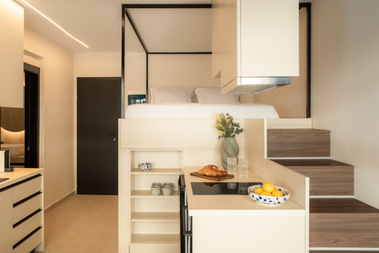 Loft bed design above modern kitchen in FOS Apartments Thessaloniki