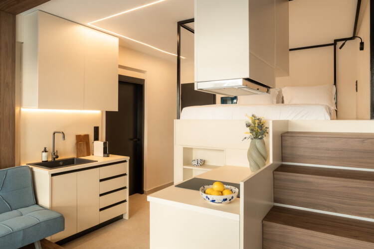 Loft bed design above modern kitchen in FOS Apartments Thessaloniki