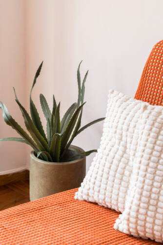 Halu! Cozy modern interior with an orange textured chair and a white cushioned pillow beside a potted green plant creating a relaxing and stylish home atmosphere.