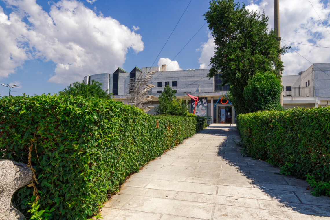 Thessaloniki, Greece - September 9 2023: Entrance of MOMus Contemporary Museum, Metropolitan Organization of Museums of Visual Arts of Thessaloniki housed inside the premises of HELEXPO.