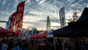 Halu! A bustling outdoor market with colorful tents and flags under a cloudy sky. People enjoy the vibrant atmosphere and diverse stalls at this lively event.