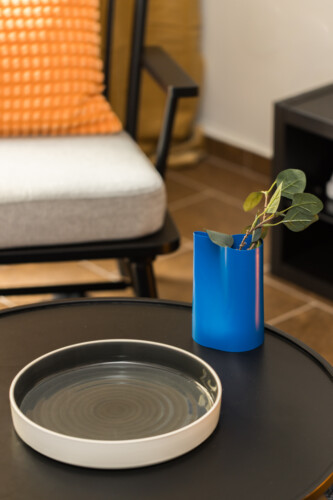 Halu! Cozy living room scene with modern black coffee table featuring a decorative blue vase holding green leaves and a stylish white ceramic plate nearby.