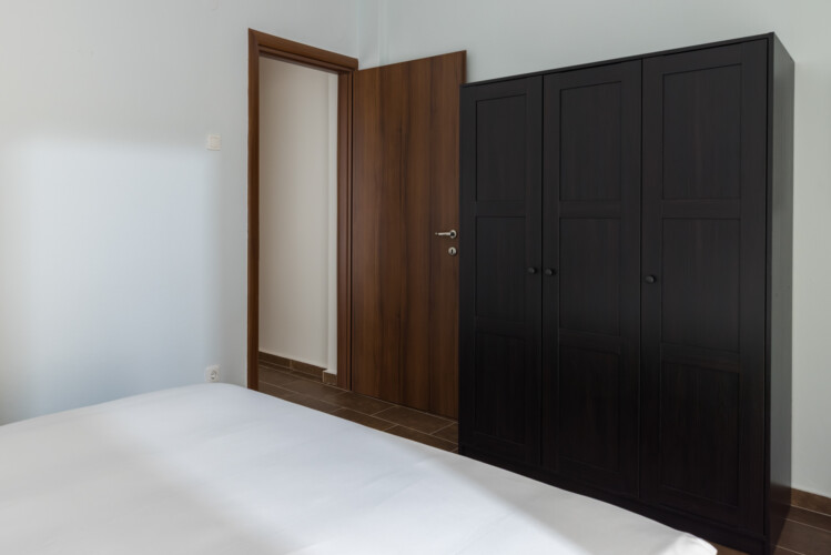 Halu! Explore a sleek and modern bedroom design in Indiana by halu featuring a stylish black wardrobe and open wooden door enhancing your home aesthetics and storage solutions.