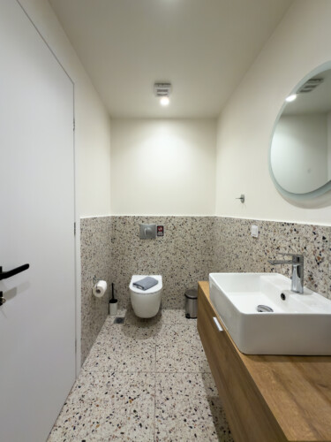 Halu! Modern bathroom with terrazzo flooring and wall tiles featuring a white toilet and a stylish wooden vanity with a square sink and round mirror.