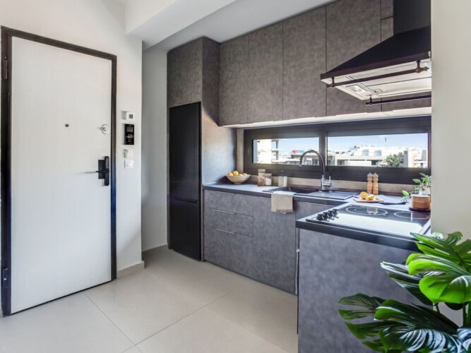 Halu! Modern kitchen interior with sleek gray cabinets and a black countertop features a stainless steel stove a window for natural light and a green plant for decor.
