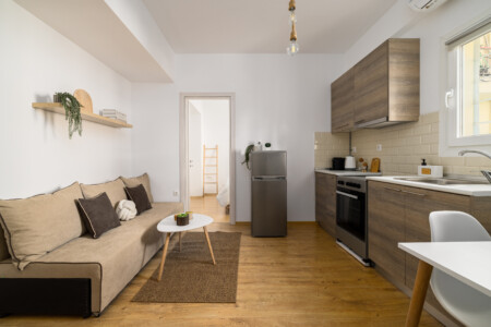 halu! Discover the stylish interior of Ourania Lofts and Suites in Thessaloniki featuring a modern kitchen and cozy living area perfect for a comfortable stay.