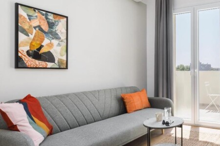 Halu! Modern living room with a gray sofa accented by colorful pillows contemporary artwork on the wall natural light from a large window and a round coffee table